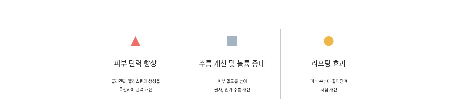 피부 탄력 향상, 주름 개선 및 볼륜 증대, 리프팅 효과