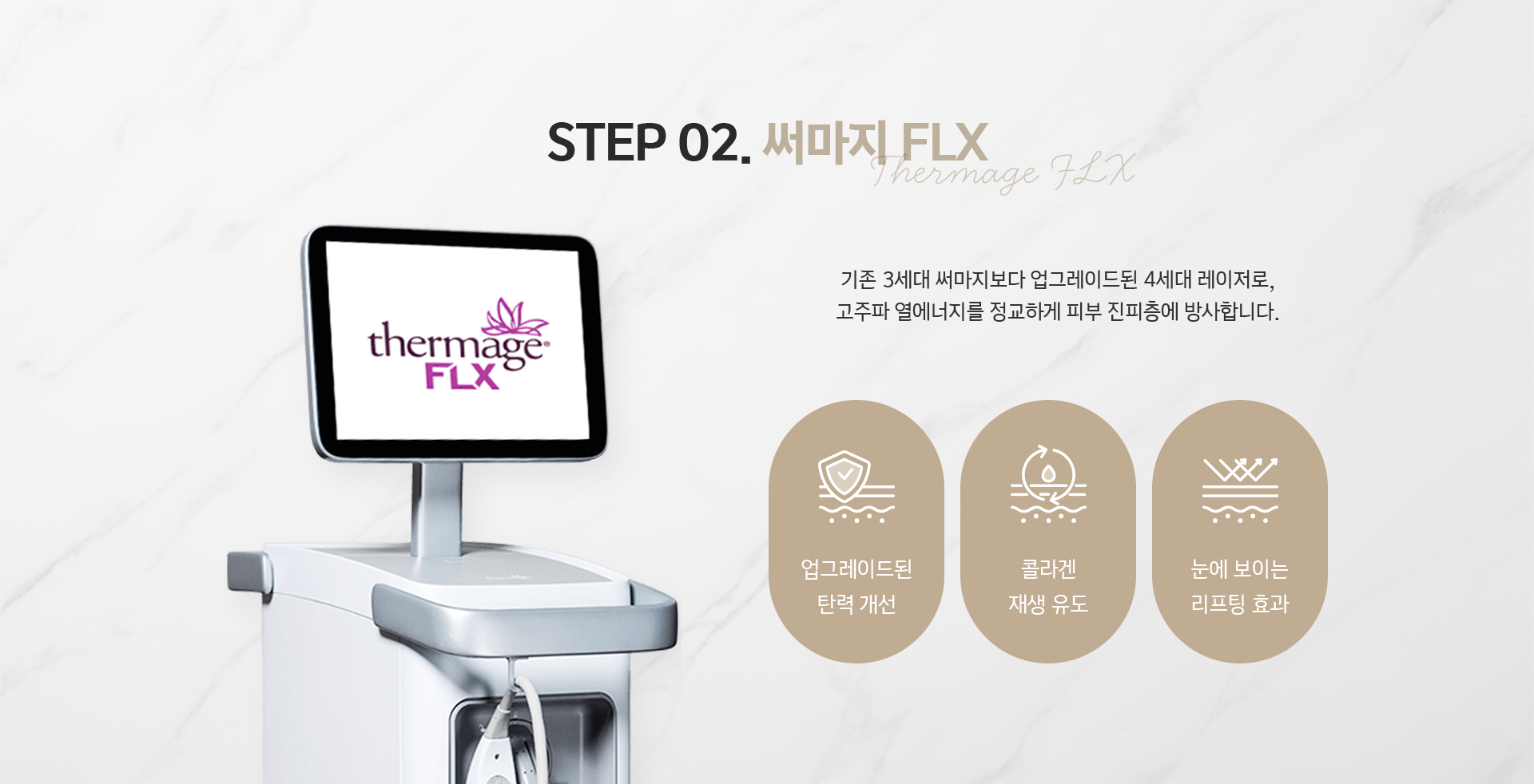 STEP02 써마지 FLX - 업그레이드된 4세대 레이저로 고주파 열에너지를 피부 진피층에 정교하게 방사, 탄력 개선