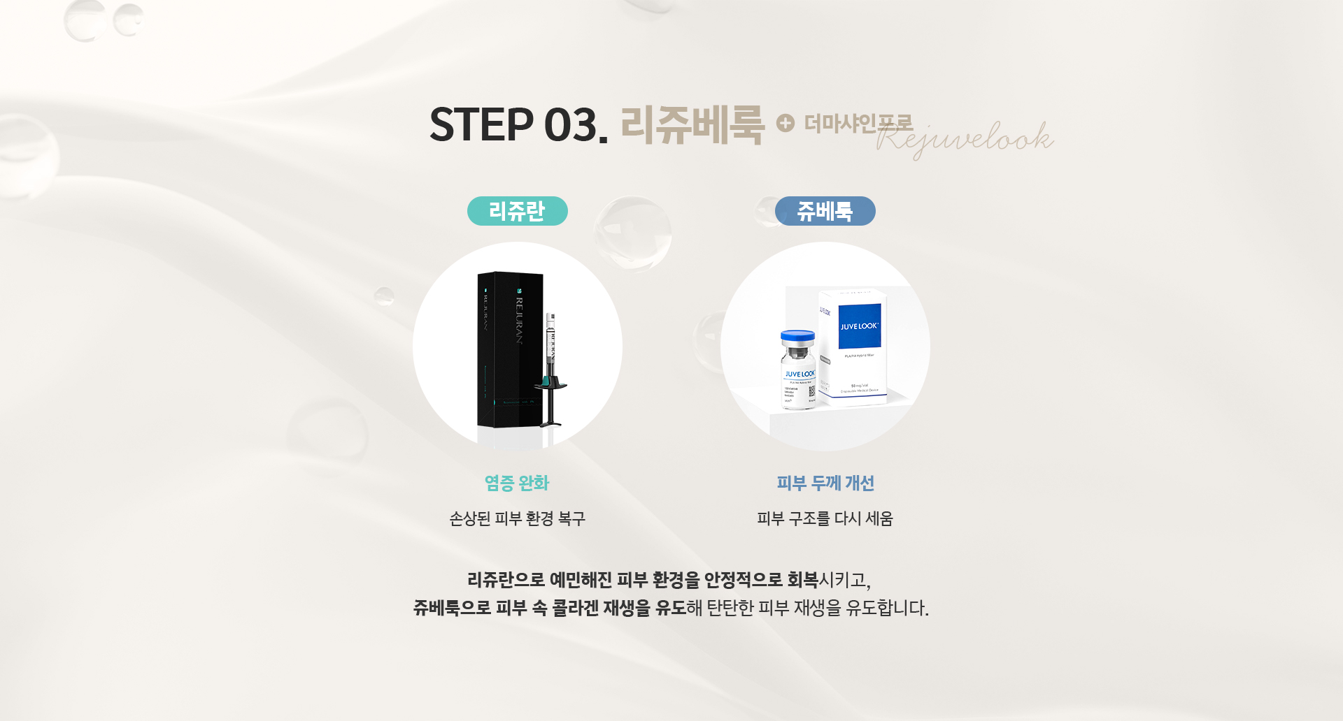 STEP03 리쥬베룩 - 리쥬란으로 피부 환경 회복, 쥬베룩으로 콜라겐 재생 유도해 탄탄한 피부 재생