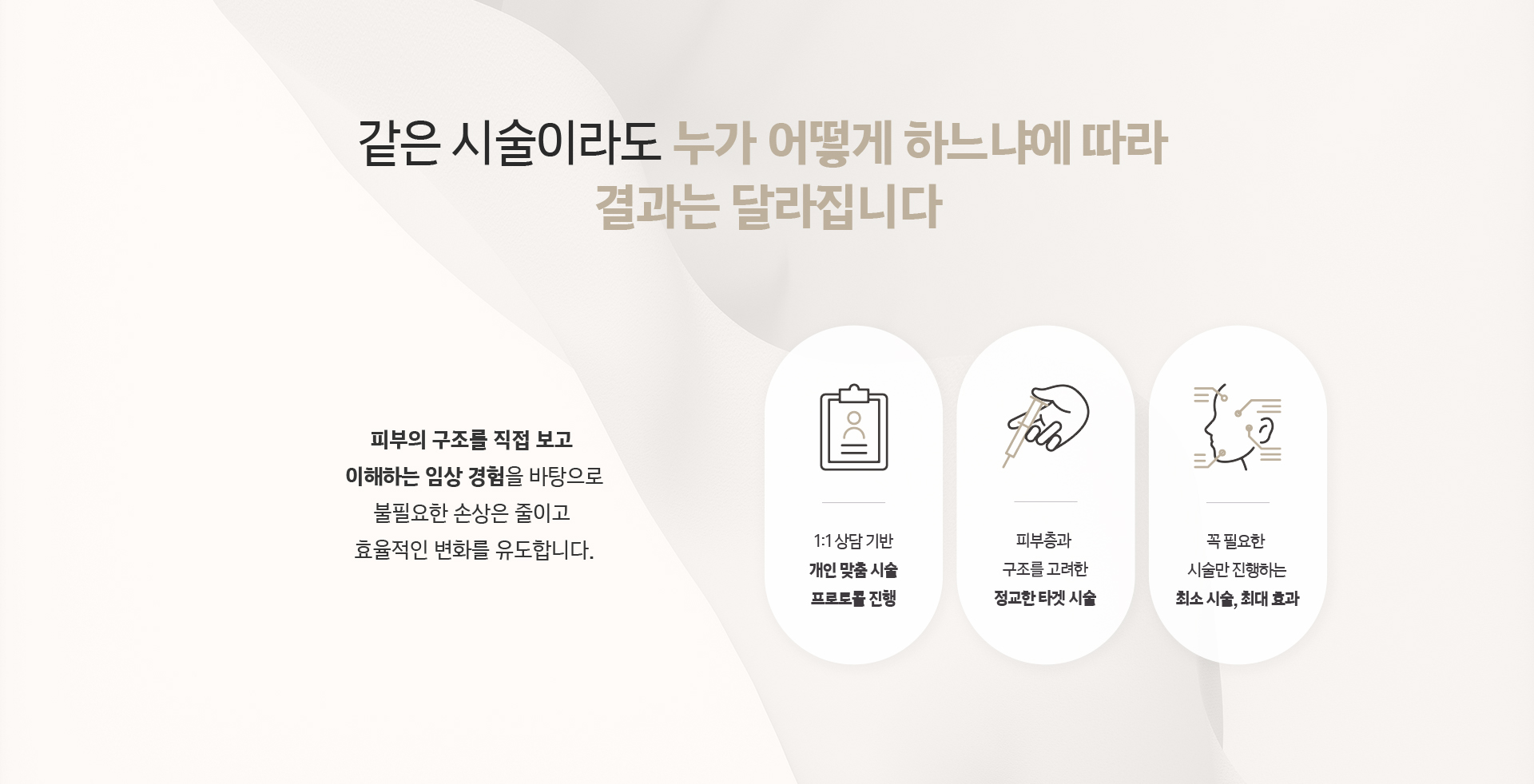 같은 시술이라도 누가 어떻게 하느냐에 따라 결과는 달라집니다. 1:1 상담 기반 개인 맞춤 시술과 정교한 타겟 시술