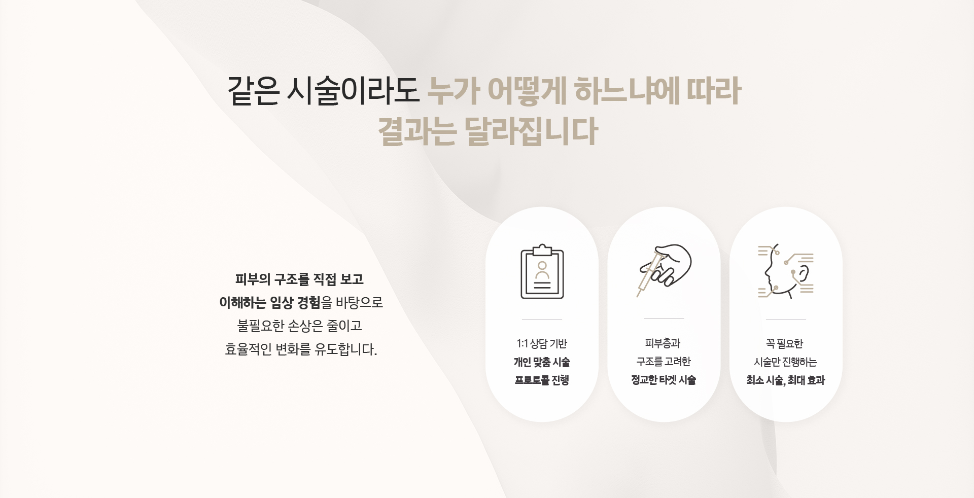 같은 시술이라도 누가 어떻게 하느냐에 따라 결과는 달라집니다. 1:1 상담 기반 개인 맞춤 시술과 정교한 타겟 시술